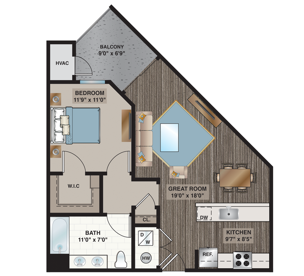 apartment floorplan with one bedroom and one bathroom